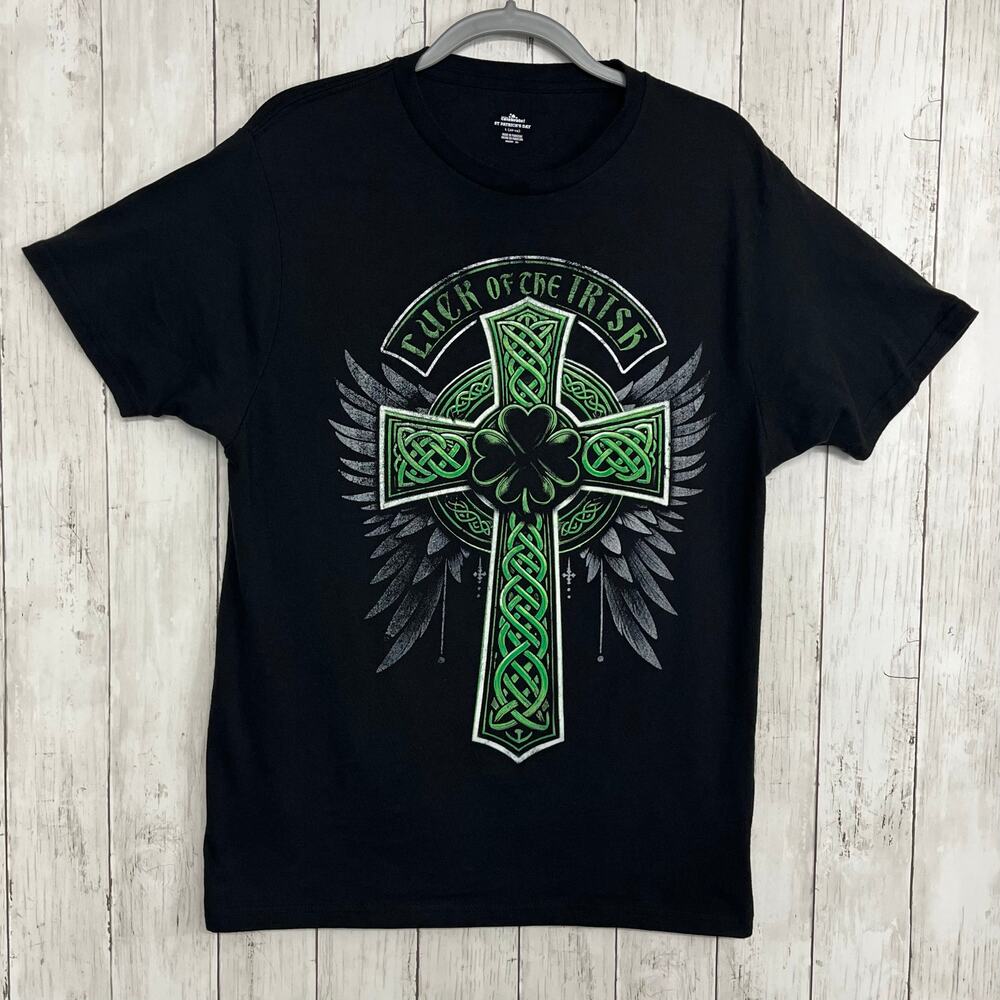 Celebrate Clover Cross Luck Of The Irish Short Sleeve Crew Angel Wing T-Shirt